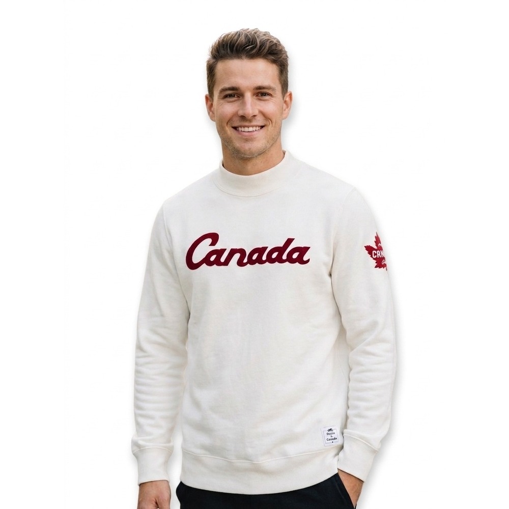 Roots Canada Mens Mock Neck Sweatshirt White Red Hockey Outdoors Maple Leaf